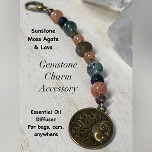 Moss Agate, Sunstone & Lava Essential Oil Gemstone Bag Charm